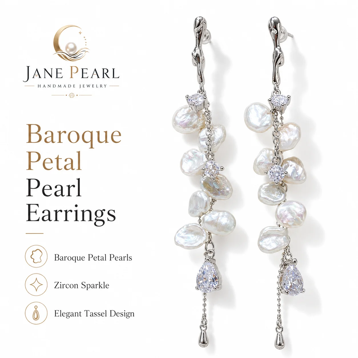 Mareora Natural Freshwater Baroque Petal Pearl Earrings S925 Silver Post  Tassel Drop Earrings 18K White Gold Plated Jewelr