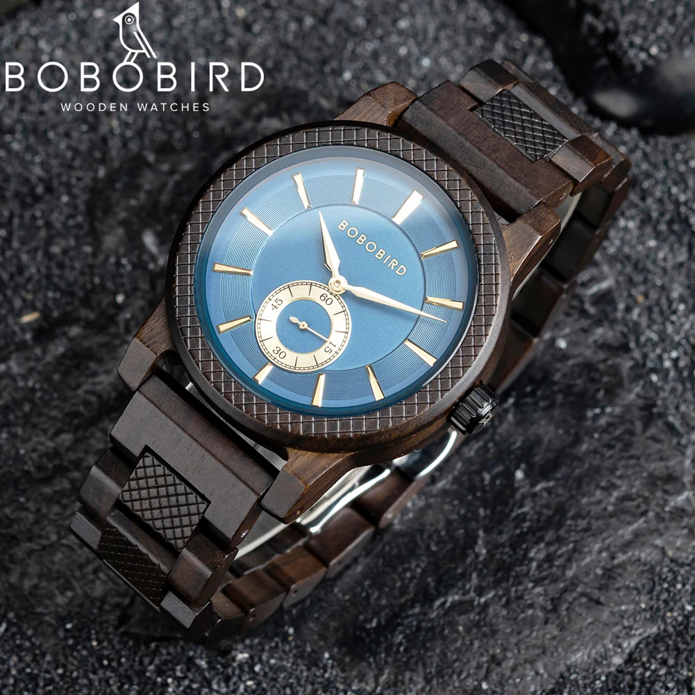 Novo bobobird relógio de madeira relógios masculinos nome personalizado caso traseiro texto relógio casual quartzo relógio de pulso casamento caixa de madeira presente