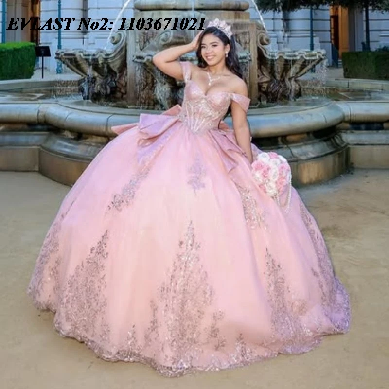 

EVLAST блестящее розовое платье Quinceanera по индивидуальному заказу с открытыми плечами и блестками, аппликация, корсет с бисером, Sweet 16, Vestidos 15 Anos E2QA178
