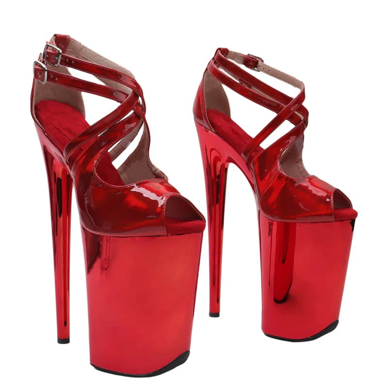 Leecabe 23cm/9inches Holography Shiny PU Upper Small Open Toe Platform High Heel Sandals Sexy Model Shoes Pole Dance Shoes