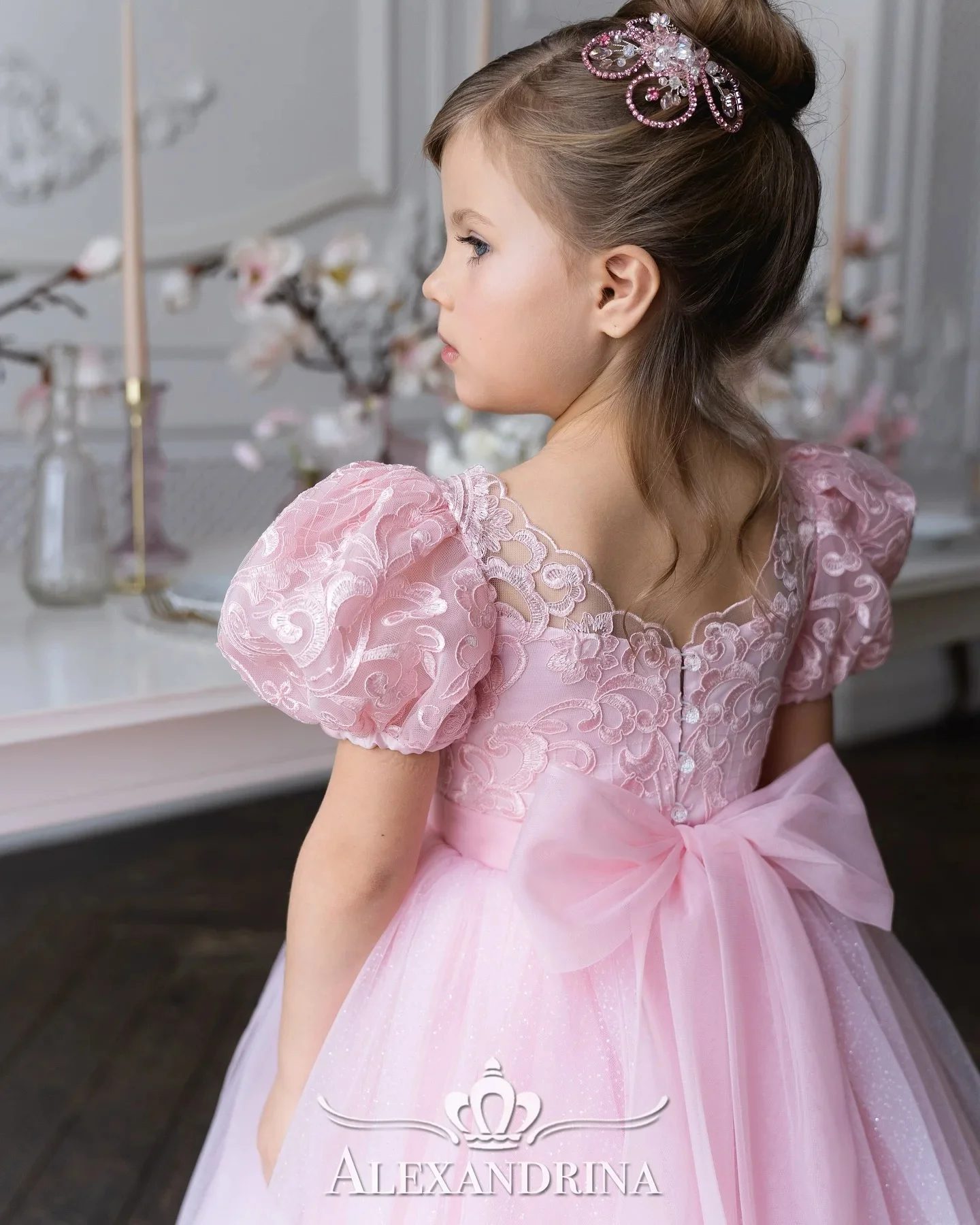 Princess Pink Flower Girl Dress for Wedding Short Sleeves Organza Floor Lenght Infant Baptism Gowns First Communion Gowns Custom