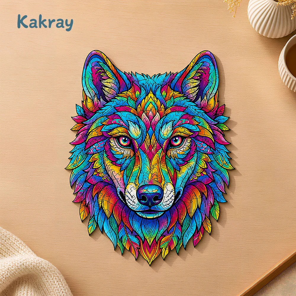 Colorful Wolf Pattern Wooden Puzzle, Irregular Animal Shapes, Educational Toys, Best Holiday Birthday Gift