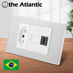 Brasil Free Shipping to Brazil Wall Power Socket with RJ45 Cat5e TV Antenna HDMI RJ45 Jack Plug  Home Stainless Steel Panel