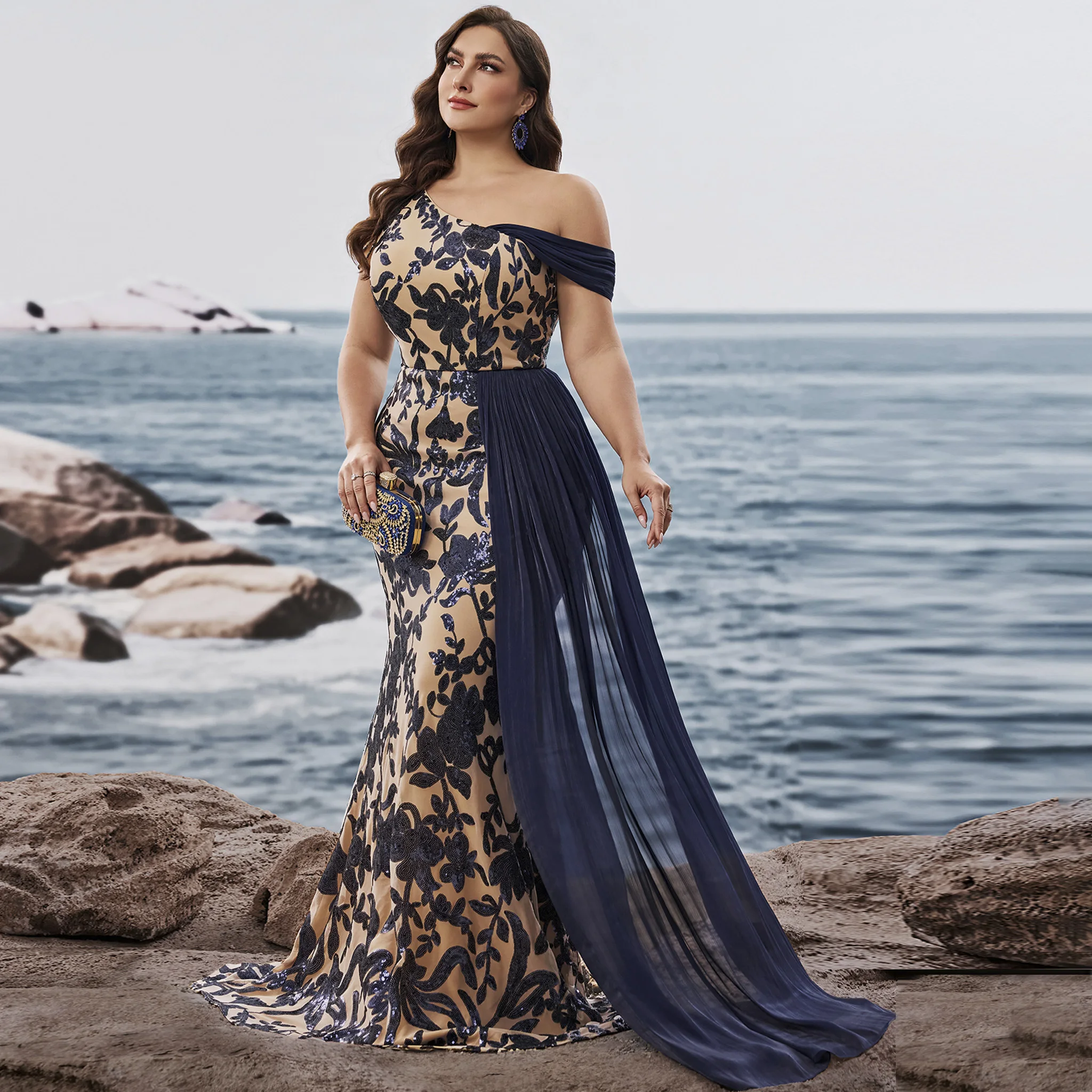 

Rosymae Plus Size One Shoulder Floral Mermaid Prom Gown with Draped Chiffon Elegant Evening Gown