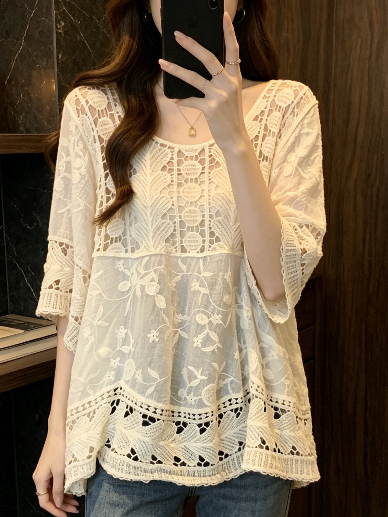 

Bohemian Large Size Hook Flower Hollow Short Sleeve Women's Top Mid-Length Outer Cover Shirt Korean Style Commute Fashion