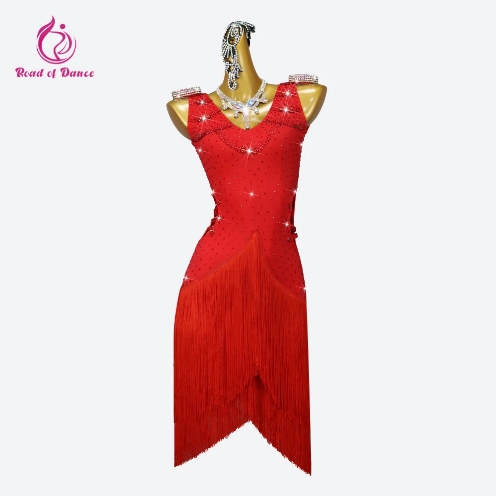 

Red Girls Latin Dance Dress Woman Cabaret Prom Line Costume Parties Samba Clothes Fringe Skirt Competition Suit Sports Dancewear