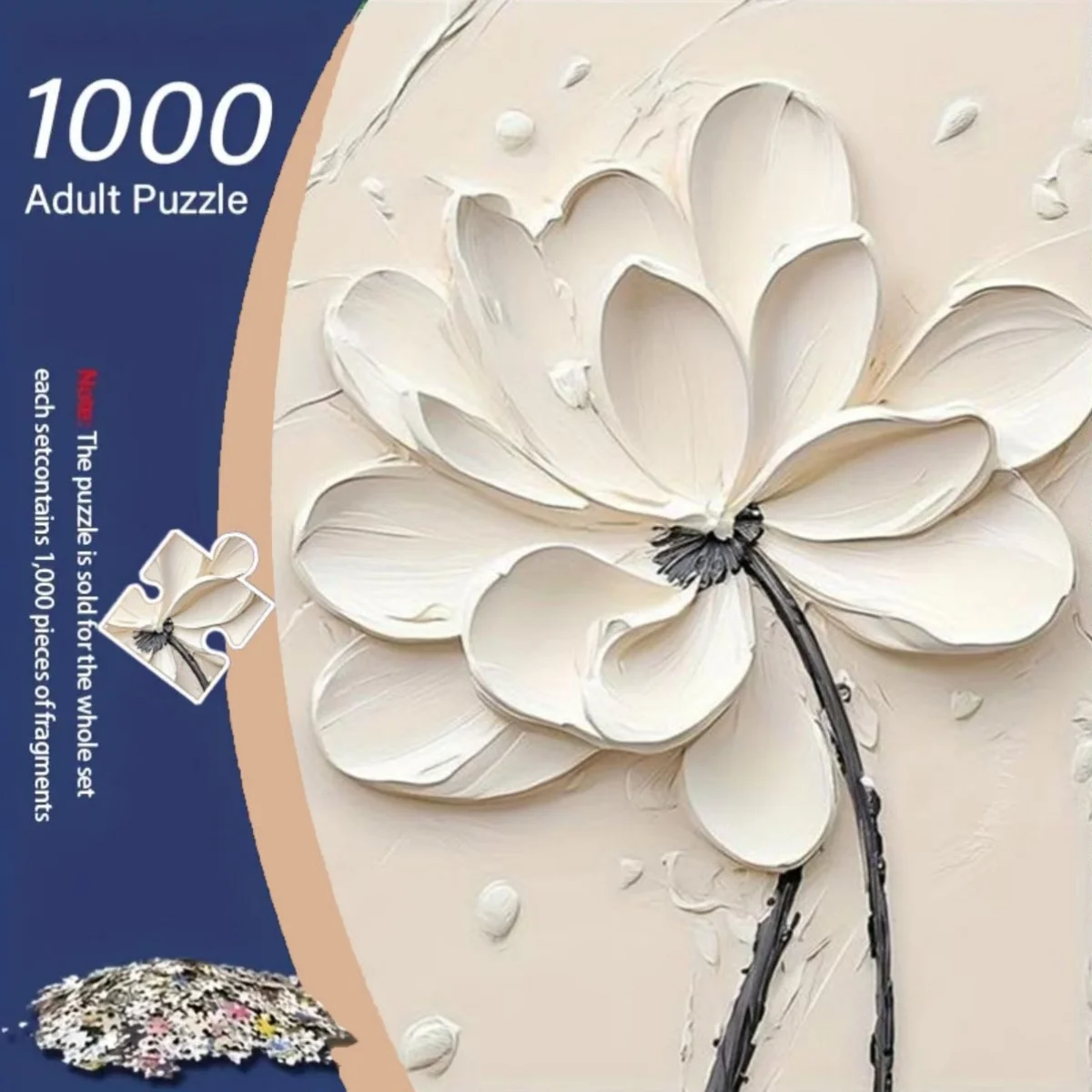 1000 قطعة من أحجية الكبار - ضربة فرشاة ثلاثية الأبعاد بيضاء لطلاء زيت اللوتس مع خلفية بيج، بتلات ذات طبقات، شفاء وقتي أنيق