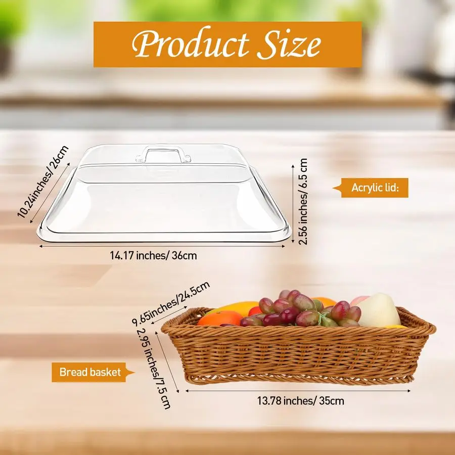 2 Pack Wicker Large Bread Basket with Acrylic Lid Housewarming Gift Woven Rectangular Imitation Rattan Fruit Basket with Cover f - Detail 1