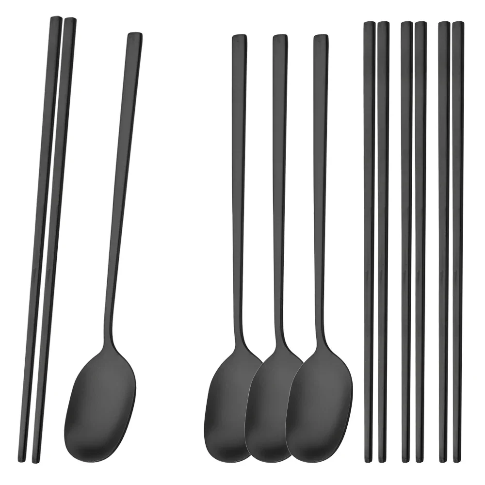8Pcs Matte Sushi Chopsticks Spoon Cutlery Set Black Dinnerware Set Luxury Stainless Steel Flatware Korean Tableware Set