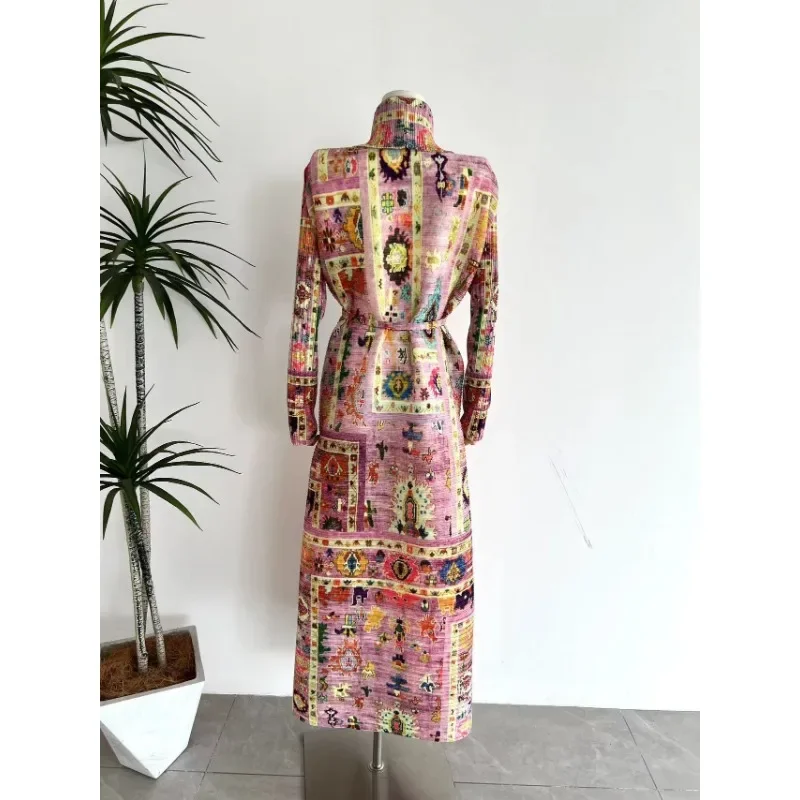 Miyake 2024 Summer New Printed Cardigan Long Jacket Premium Sense Fashion Temperament Long Sleeve Lapel Abaya