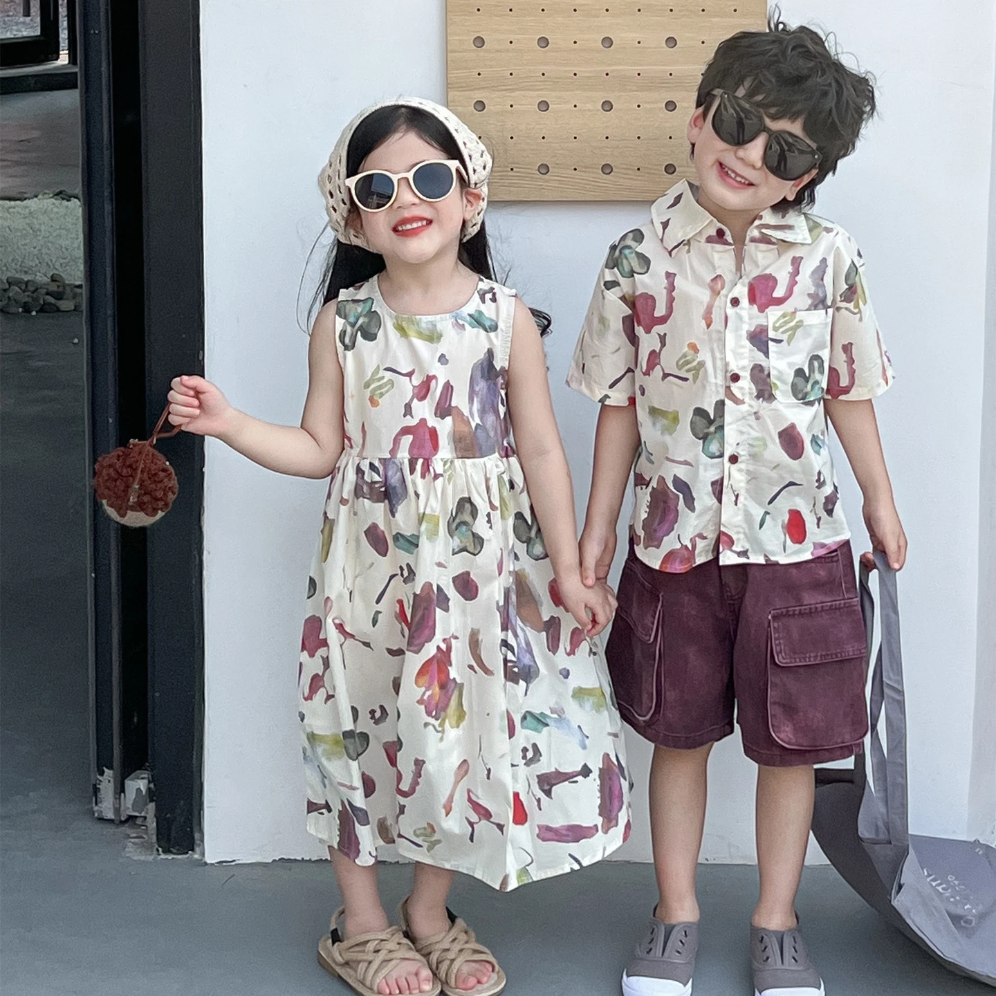 

Fashion Brother and Sister Matching Clothes Korean Children Twins Clothing Baby Girls Dress Kids Boys Shirts Shorts 2 Piece Sets