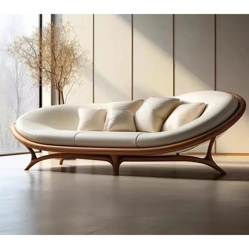 Modern combination sofa, walnut base, curved modular leather sofa, hotel bedroom