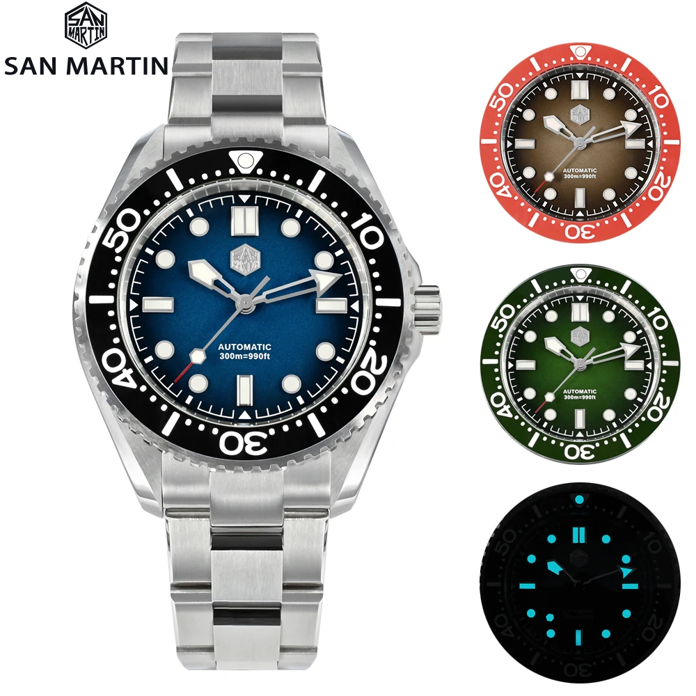 San Martin Helium Device Diving Watch for en NH35 Automatic Mechanical Vintage Watches Gradient Dial Waterproof 300m Wristwatch