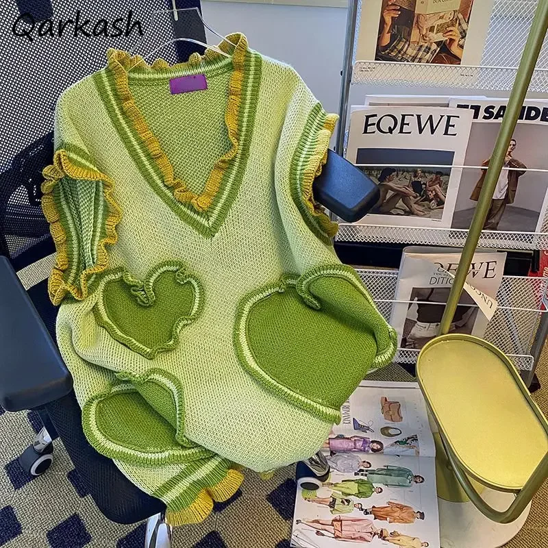 

Sweater Vests Women Sweet Heart Baggy Sleeveless Knitwear All-match Autumn Clothing Harajuku Casual Teens Aesthetic Preppy Style