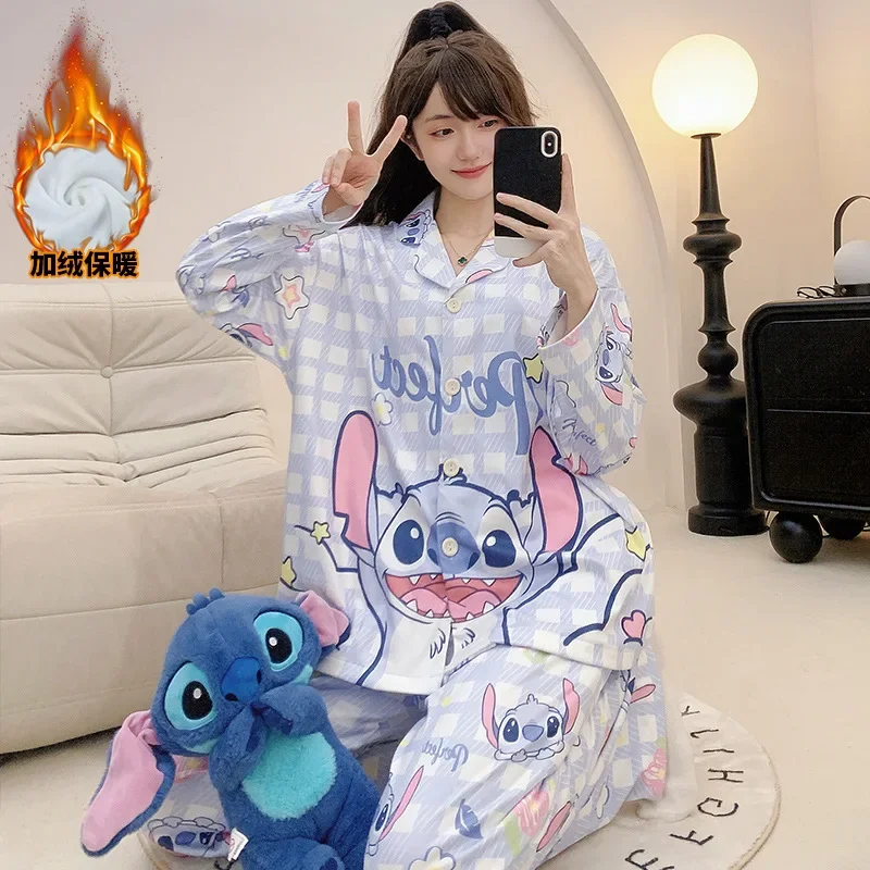 Disney Stitch thermal pajamas pure cotton thickened silk pajamas women\'s loose cardigan loungewear set casual women\'s pajamas