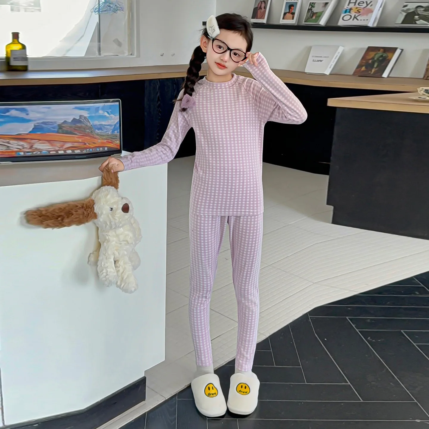 conjunto-de-pijama-infantil-2025-outono-inverno-novo-estilo-meninas-grande-xadrez-casa-calor-roupa-interior-conjunto-de-inverno