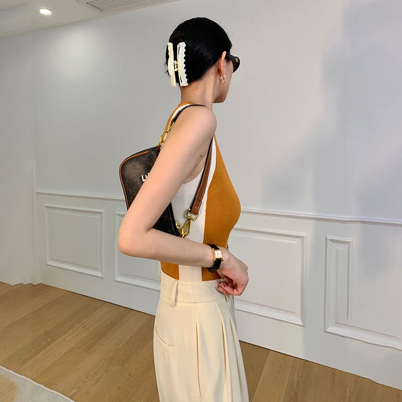 Camisola de alças laranja de rua alta feminina, camisola de malha justa, gola redonda elástica, Y2K, primavera e verão, 2024