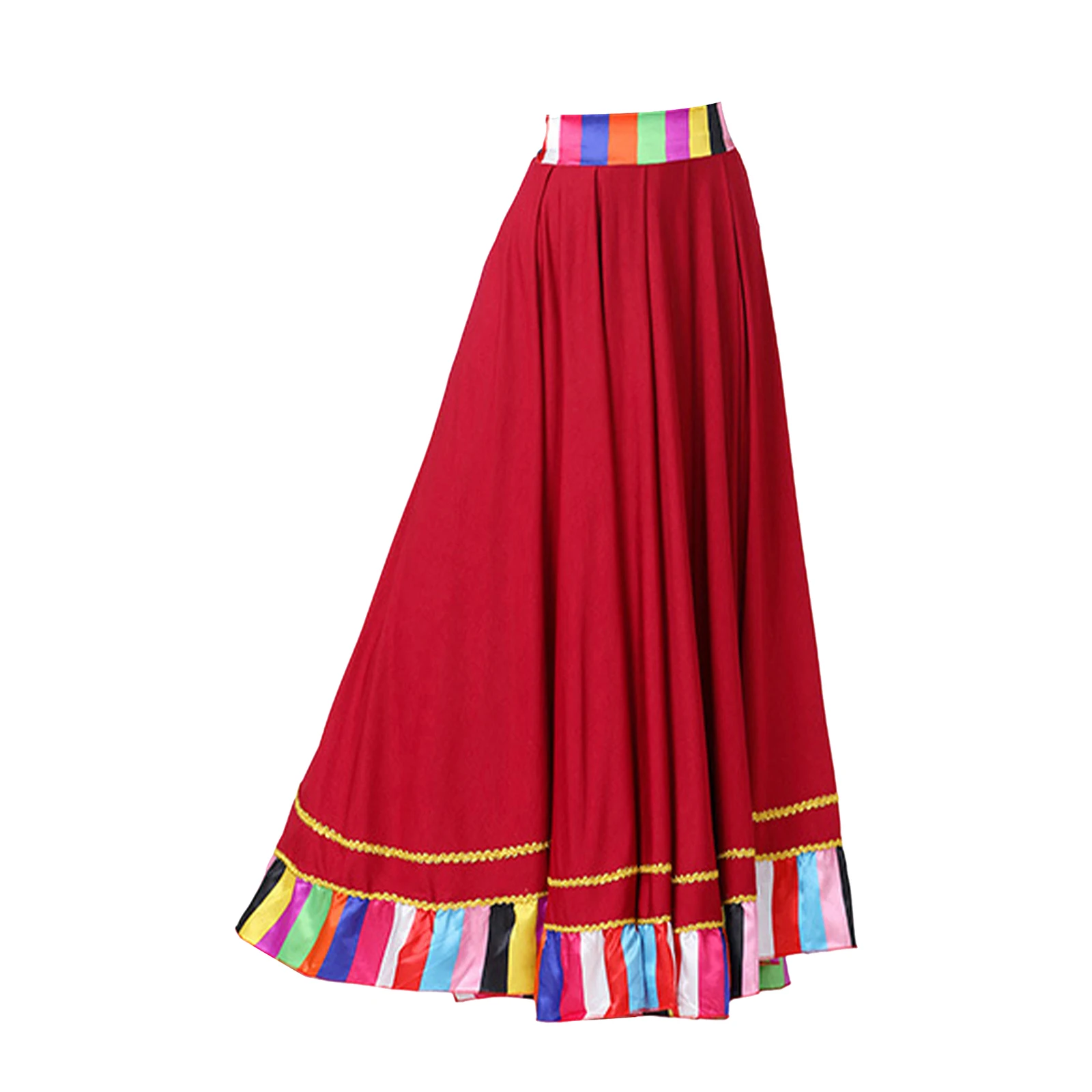 Womens Folk Tibetan Latin Dance Skirt Outfit Chinese Traditional Performance Costume Wide Hemline Ruffled Flared Maxi Skirts