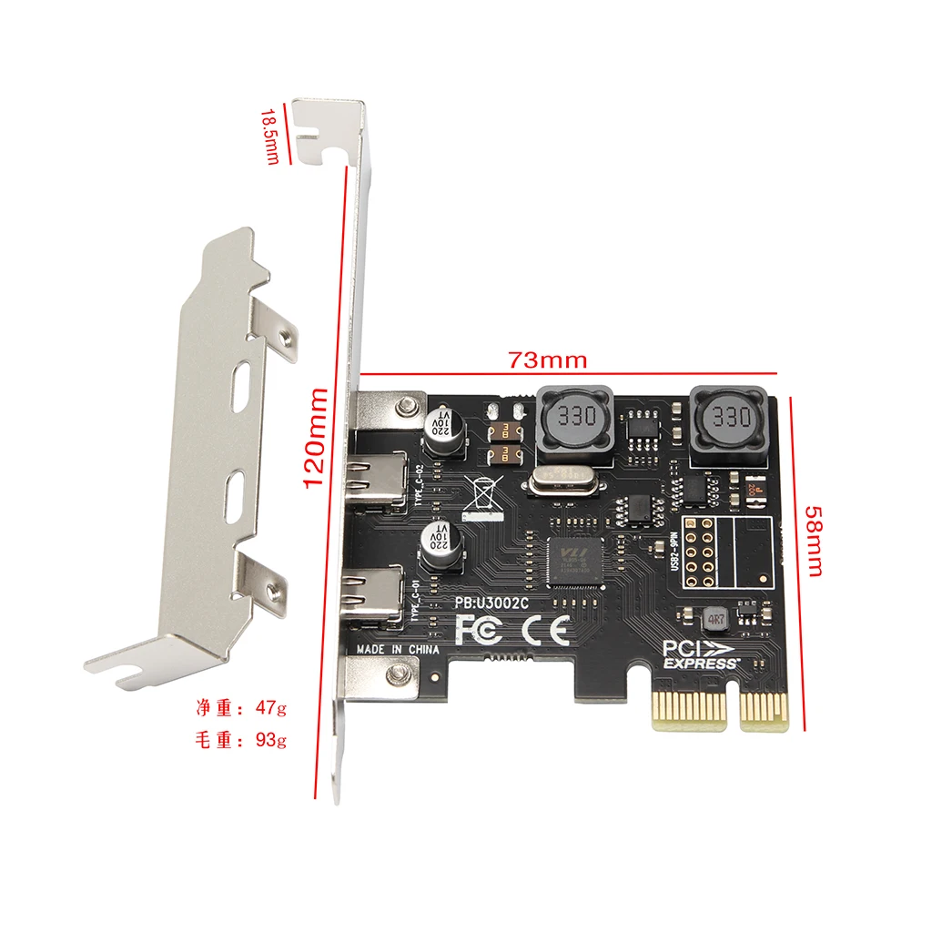 PCIE USB Add On Card PCI Express X1 to USB 3.0 5Gbps 2-Port Type C Expansion Card Hub Adapter Controller VIA Chip For Desktop PC