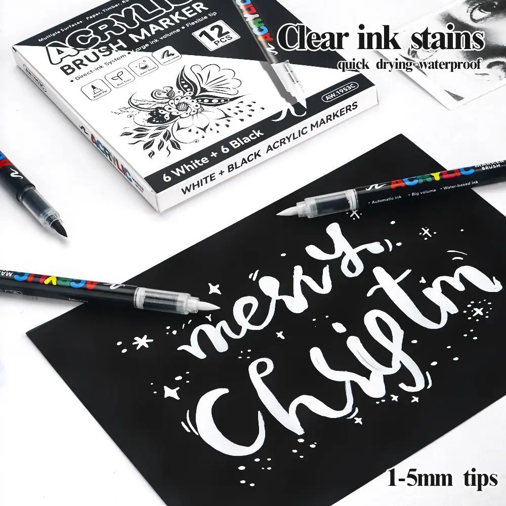 12Pcs/Box Black/White Acrylic Marker Pen Quickly Dry Soft Tip Acrylic Paint Markers DIY Waterproof Direct-Liquid Ink Marker
