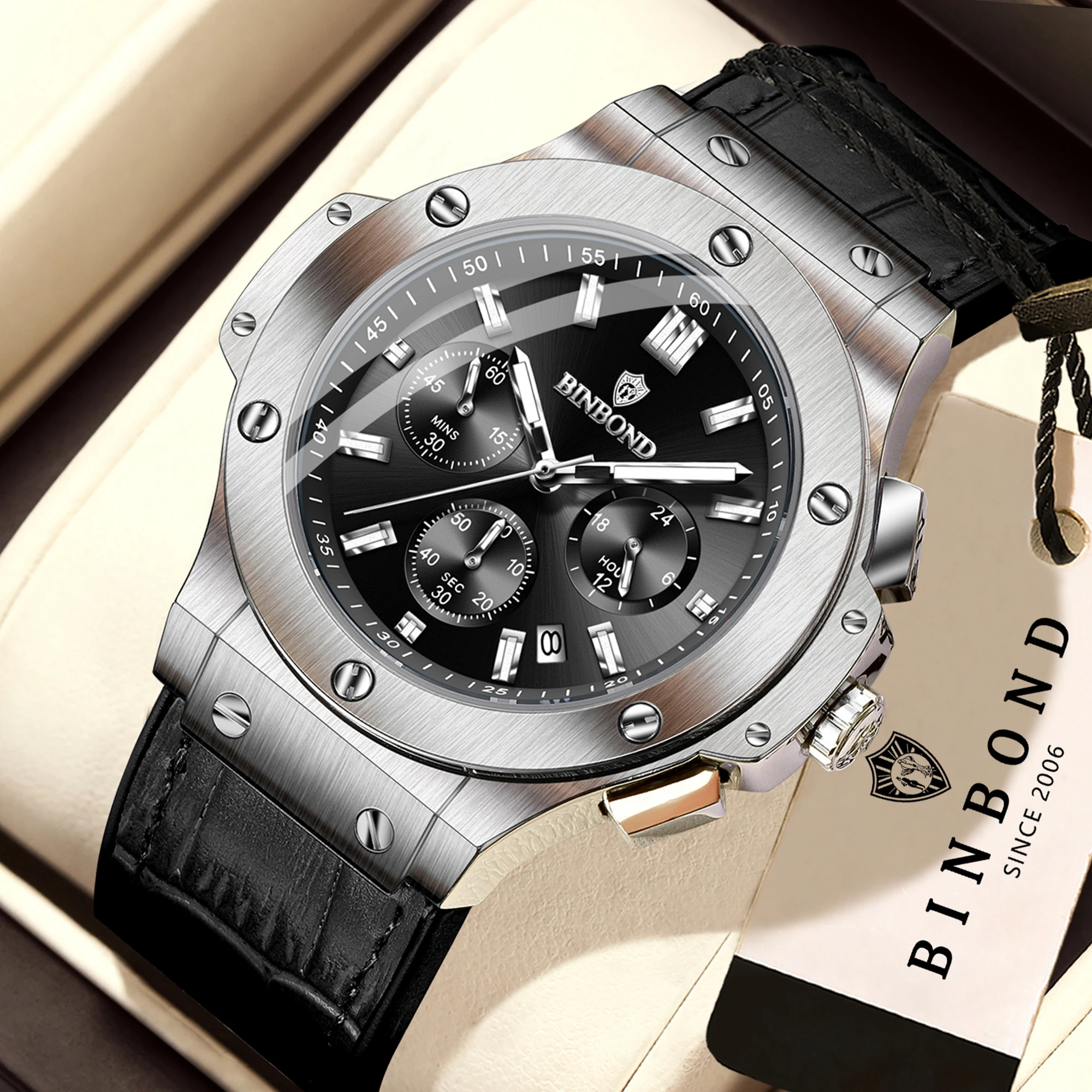 BINBOND Luxury Reloj Original Chnorograph Precise Quartz Watches For Men Real Leather Luminous Waterproof Durable Auto Date