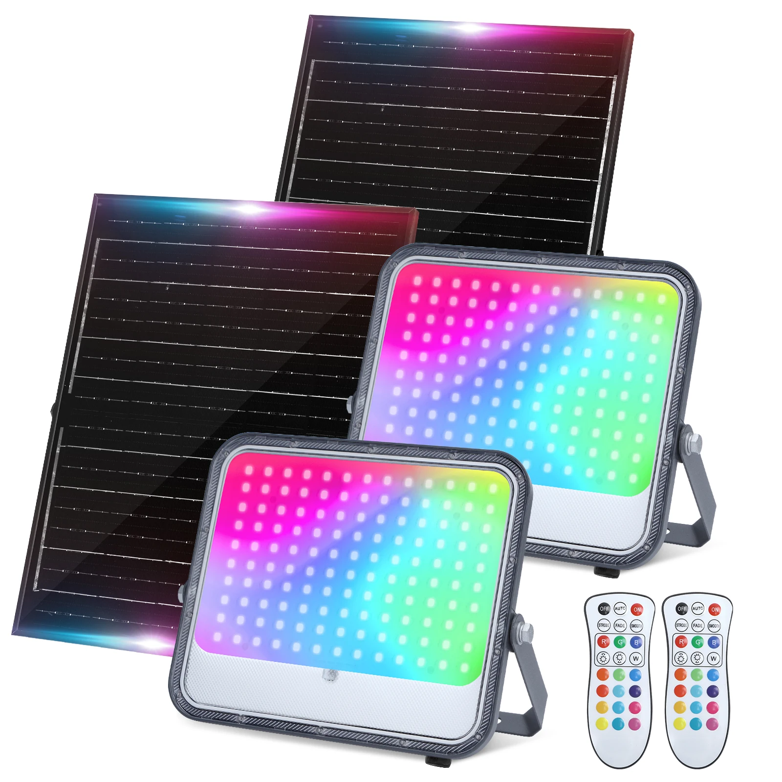 Aigostar Focos LED Exterior Solares RGBW, Cambio de Color 200W,  Foco RGB+6500K y 3 Modos, Regulable, Control Remoto, IP66 Impermeable, Proyector LED RGB para Fiestas Jardín Terraza, 2 pcs(1)