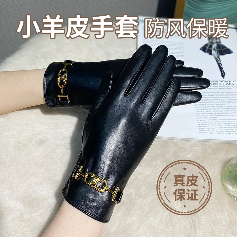 Genuine Leather Gloves Women Plush Touch Screen Driving Cycling Warm Windproof guantes Sheepskin Full Finger Light luxury Gloves