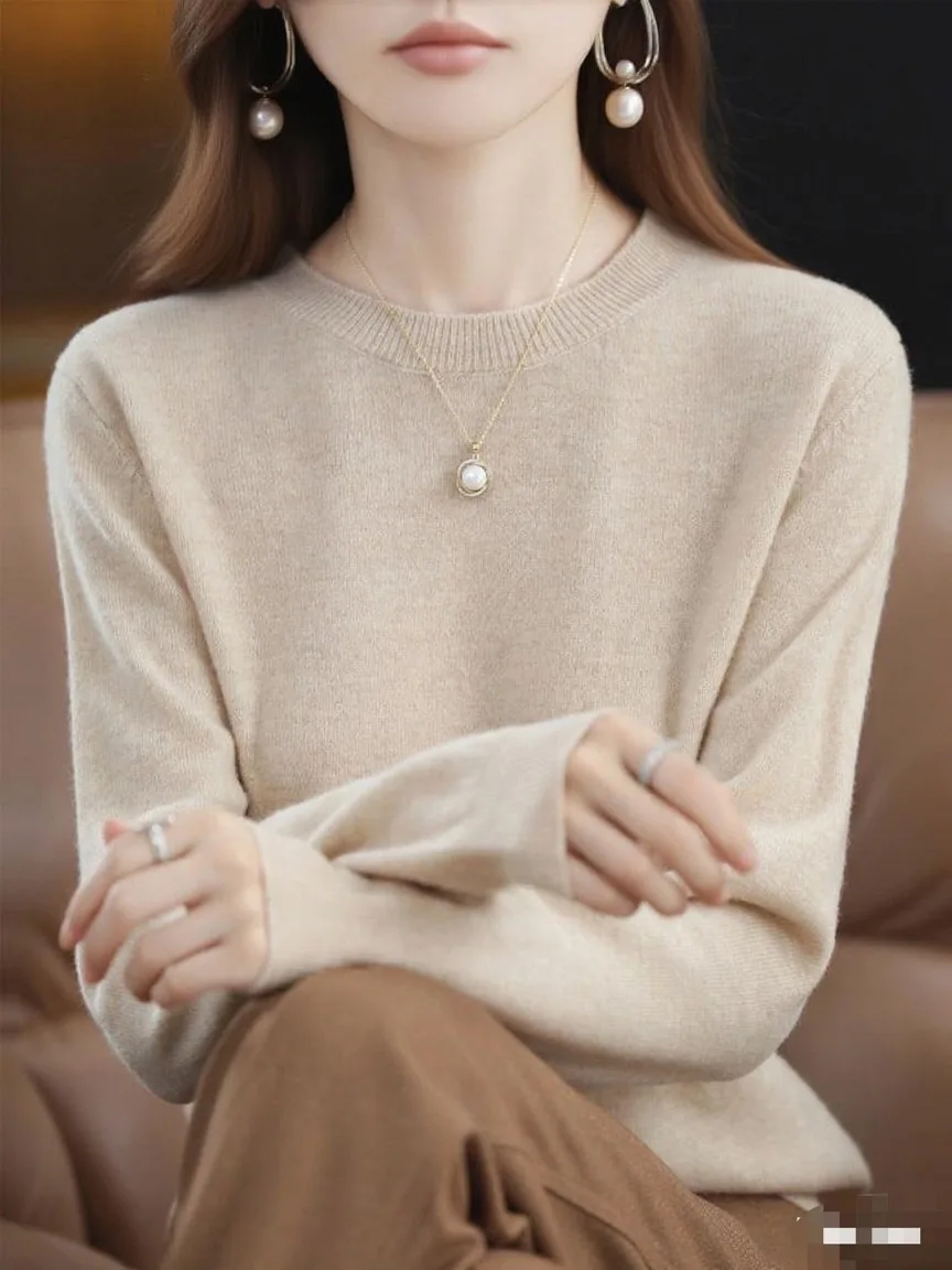 

100% Merino Wool Sweater Women's O-Neck Warm Soft Solid Pullover Sweater Long Sleeves Autumn Winter Casual Loose Clothing Tops
