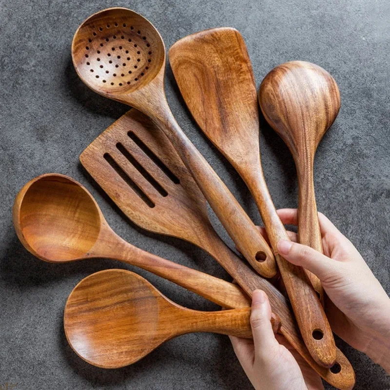 AJOYOUS Natural Wood Tableware Spoon Ladle Turner Long Rice Colander Soup Skimmer Thailand Teak  Kitchen Tool Cooking Scoop