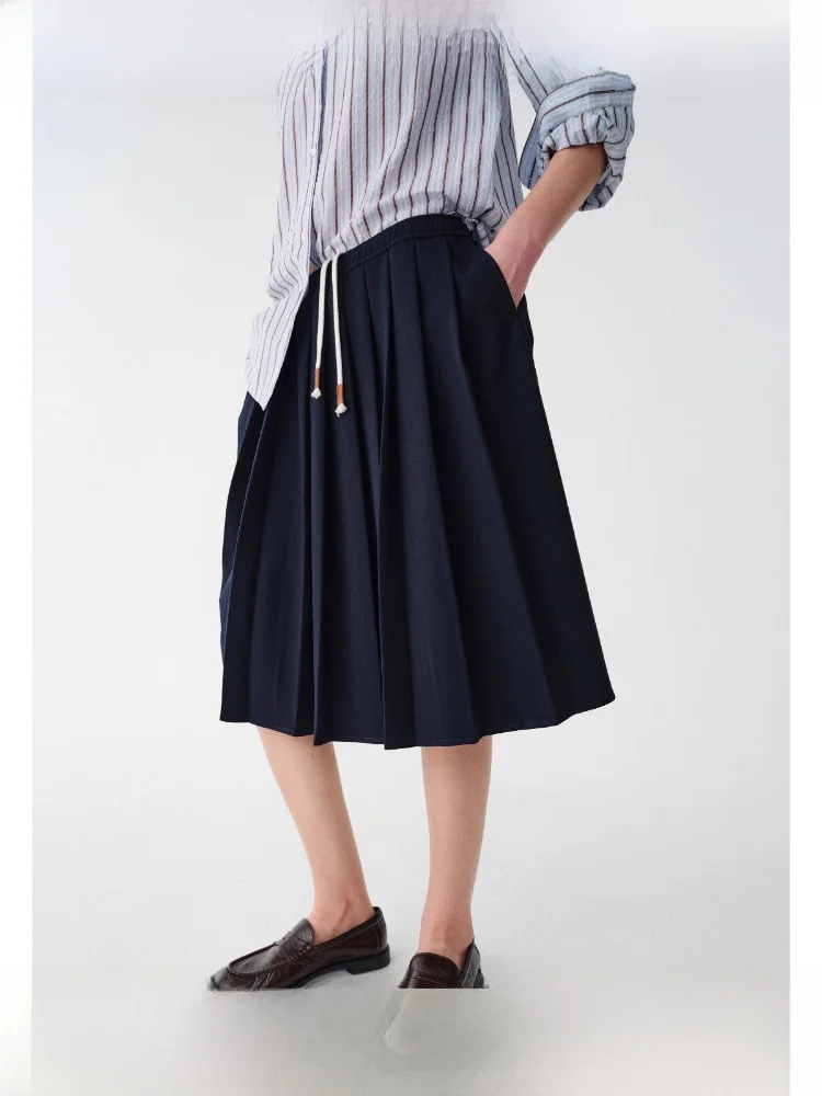 

Planites Vol.20 Mixed Wool Rayon Blend Skirt with Dstring And Embedded Leather Tag Ci Commute High Waist Pleated Skirt