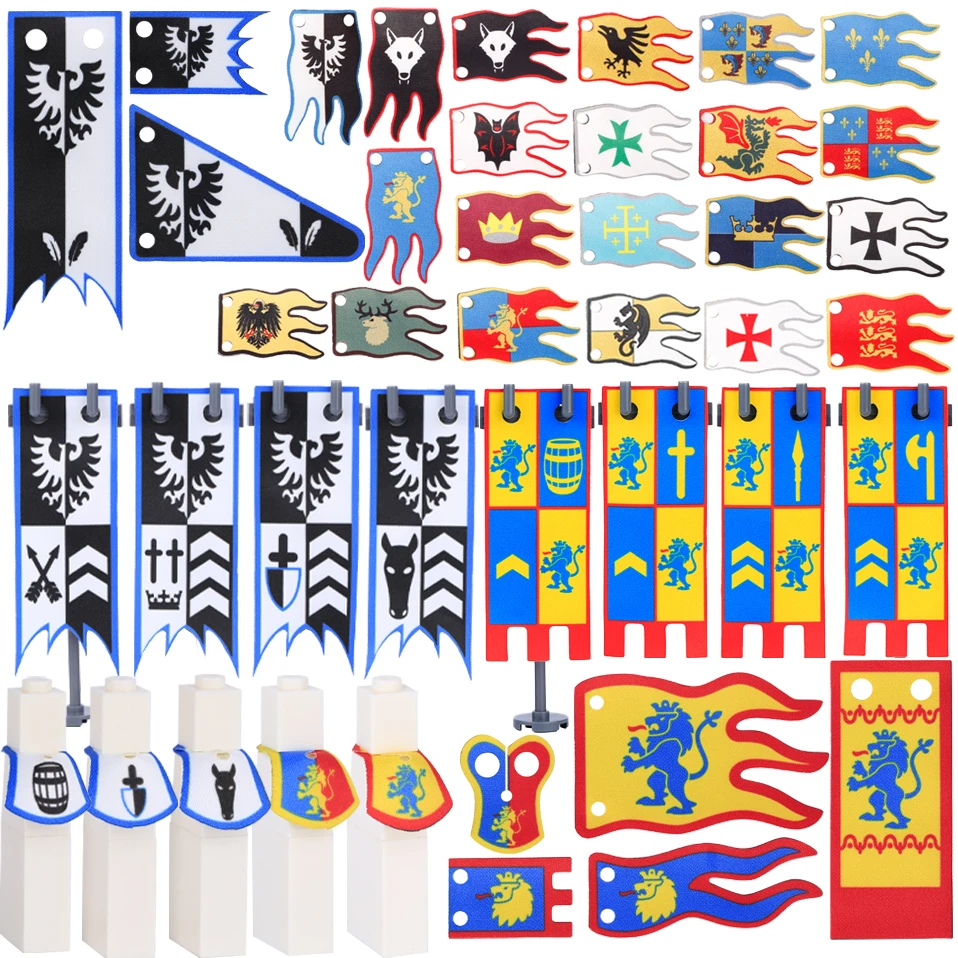 Medieval Military Knight Castle Flag Templar Building Blocks Kit Lion Wolf Soldiers Accessories King Banner Stand Bricks Toys