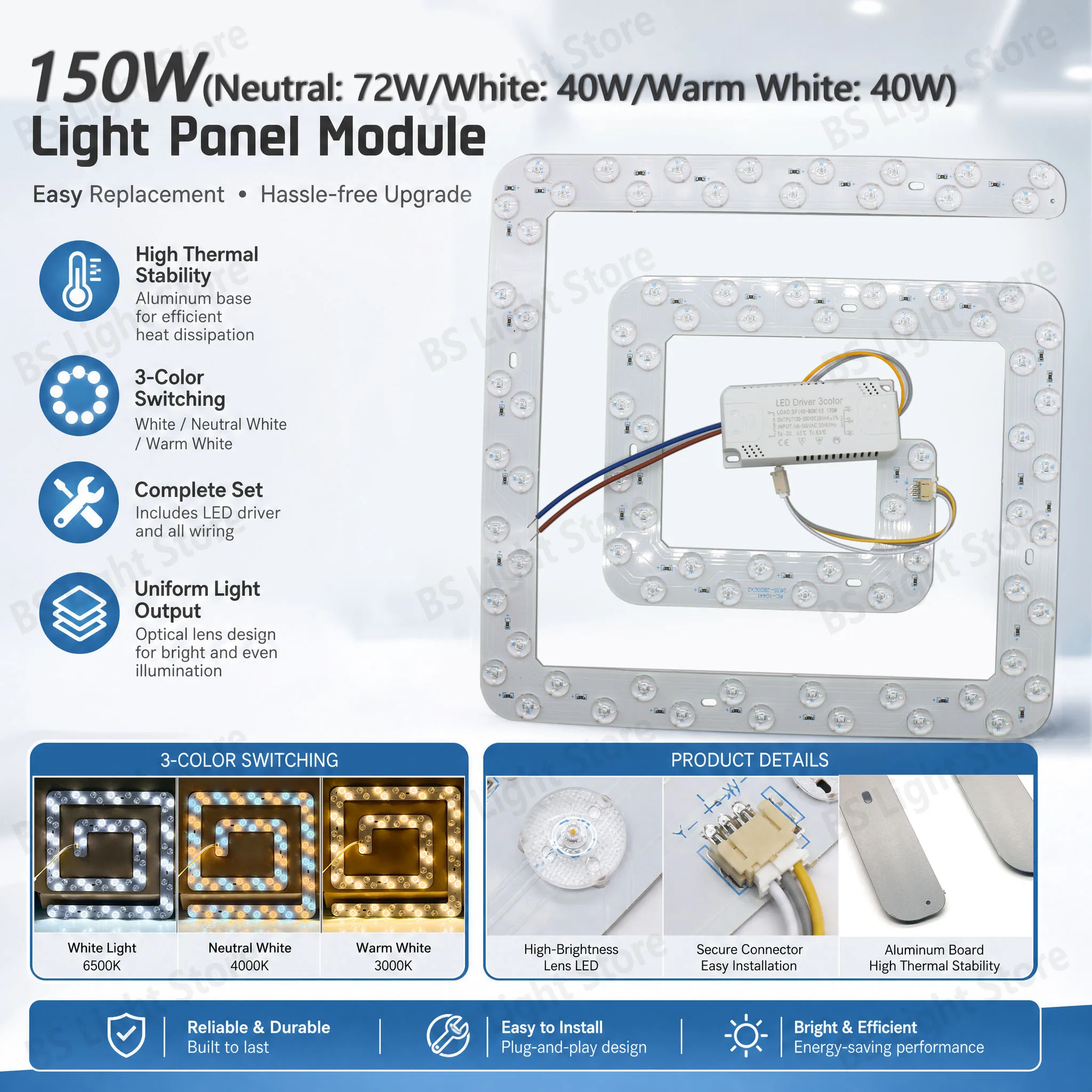 Replacement LED Module 150W 3000K 4500K 6500K Dimmable Light Source Three Colors Paired with driver For Indoor Ceiling Lamp DIY