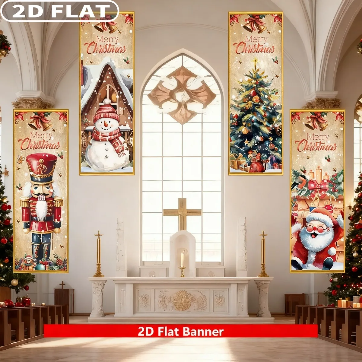 

2D FLAT 4pc A Set Christmas Hanging Festive Backdrops & Banners Decor -45x120cm Nutcracker Soldier, Snowman, Santa, and Tree