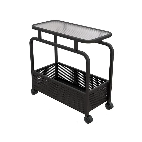 ￥%Cream-colored bedside table with minimalist modern iron frame. Ultra-narrow wheels for mobile side table. Storage cabinet.