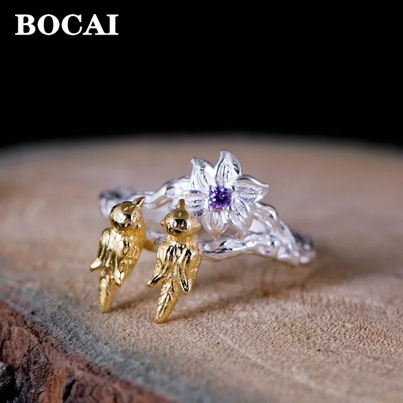 

Женское серебряное кольцо BOCAI S925 с художественным цветком, модный подарок в классическом этническом стиле с персонализированными цветными ветвями и птицами