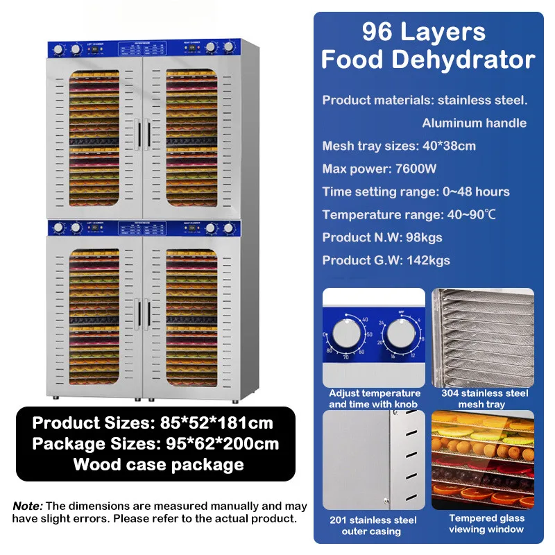 Largest 96 Layers Stainless Steel Dehydrator 7600W Mechanical Knob Food Dryer Timing 12 Fans Fruits Dehydrating Machine