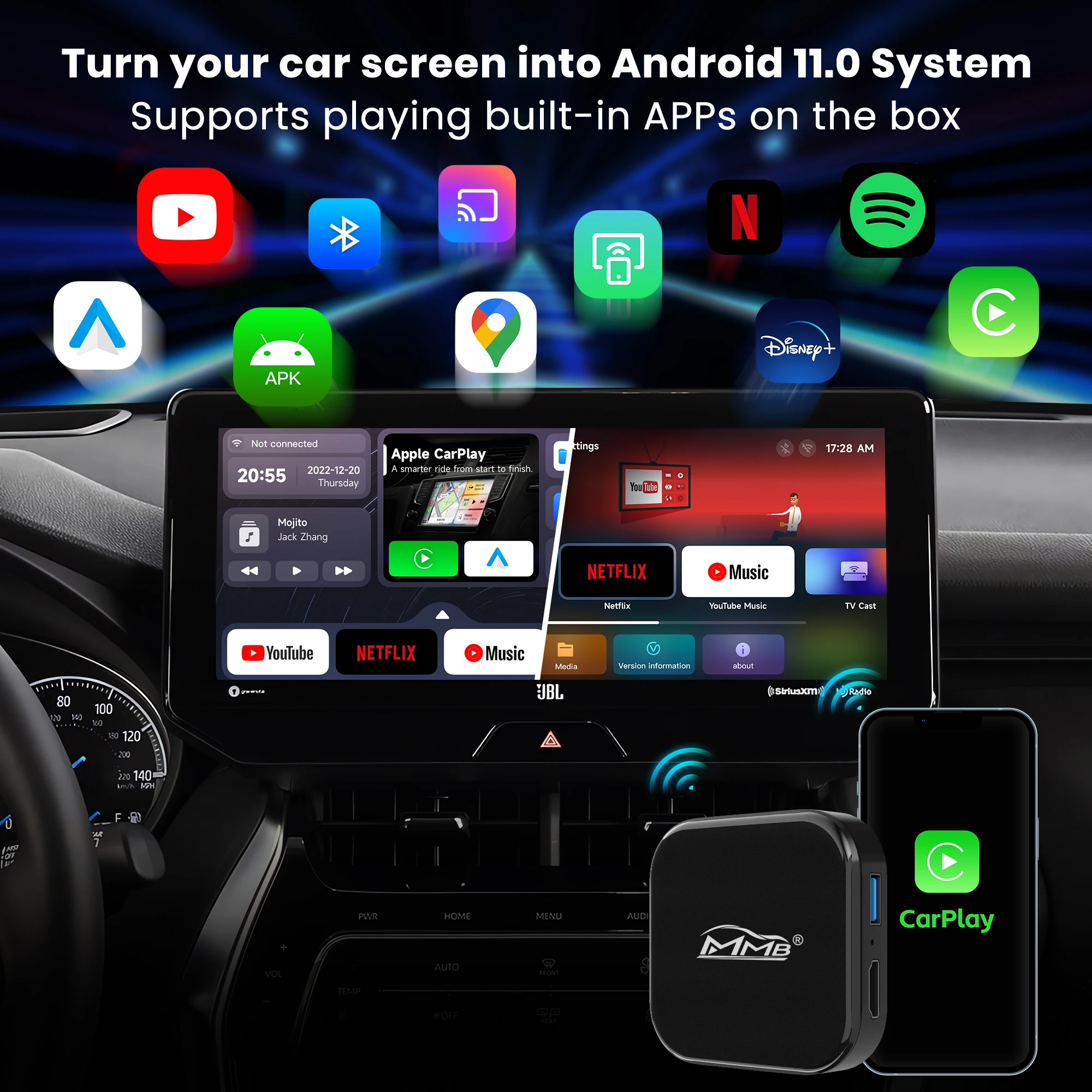 Dispositivo de TV inalámbrico MMB CarPlay Ai, Android 11,0, CarPlay, Netflix y Youtube, adaptador automático, reproductor de vídeo Multimedia para