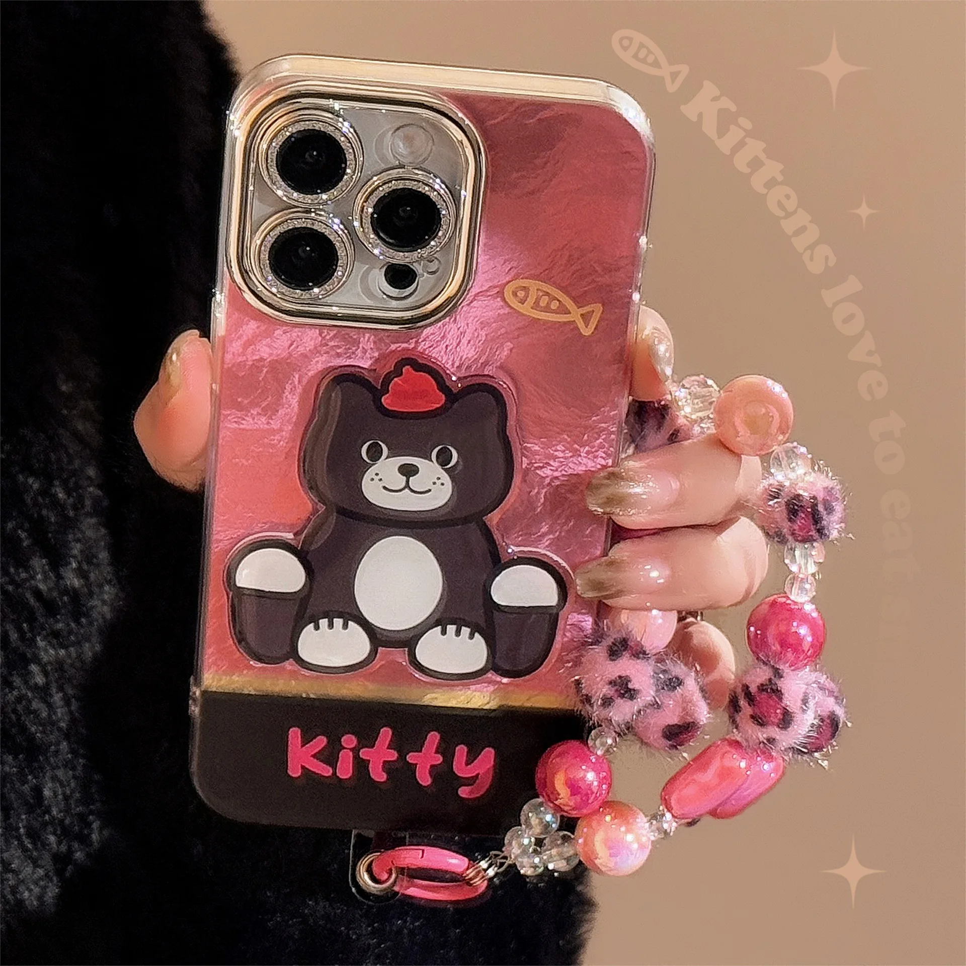 

Sweet Cool Girl's Cartoon 3D Cat Mobile Phone Case For iPhone16PRO/15promax Phone Case With Leopard Print Chain For iphone12/14