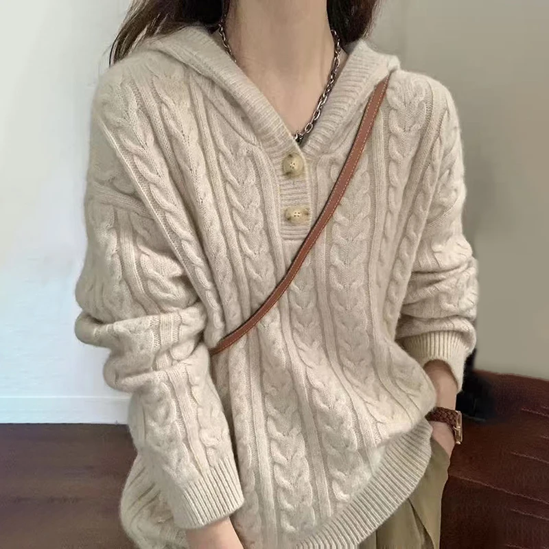 

Осень и зима, новинка, вязаная толстовка с капюшоном из 100% чистой шерсти, пуловер, повседневный вязаный кашемировый свитер, свободный хит продаж, женский топ