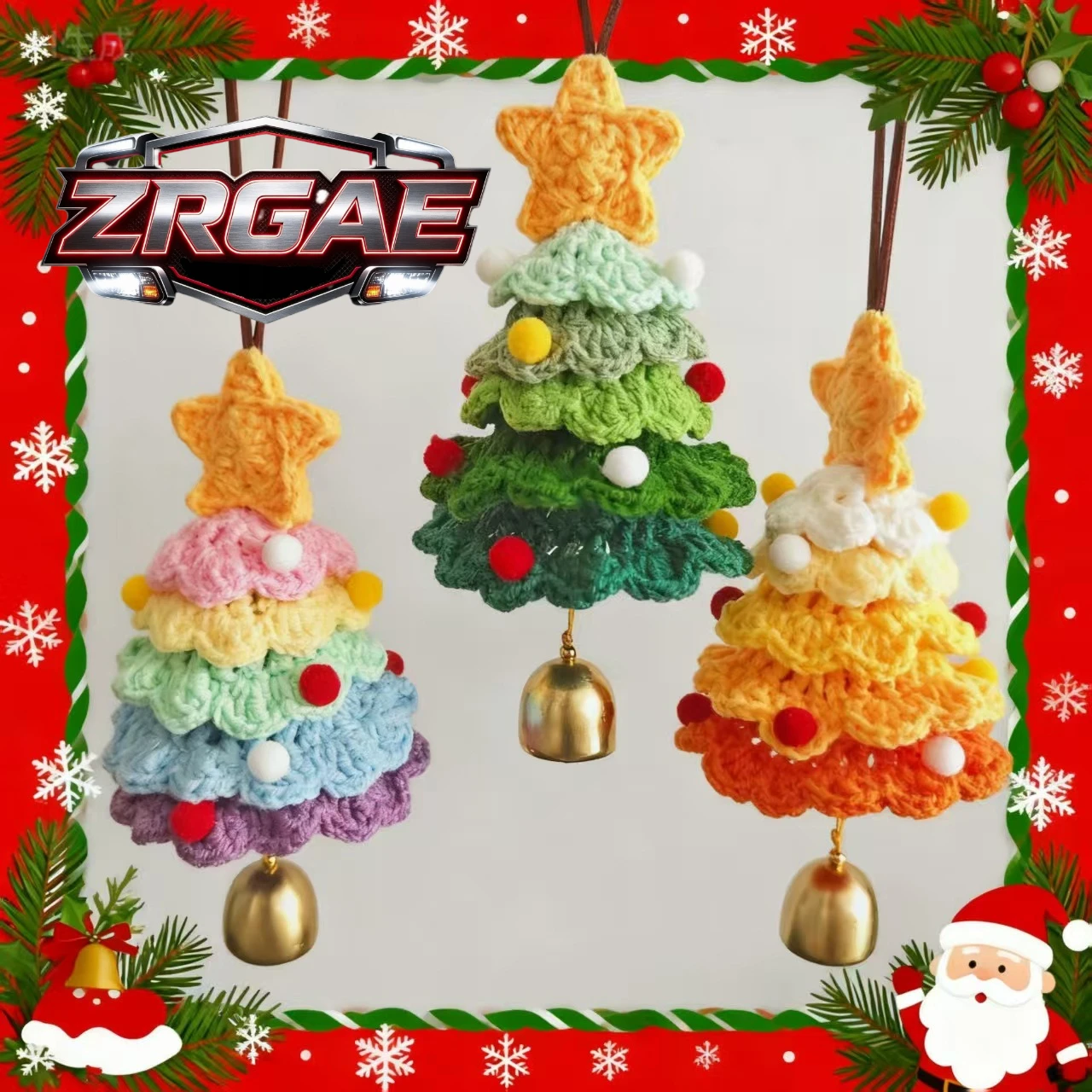Christmas Car Ornament Handmade Crochet Christmas Tree Hanging Decor Rearview Mirror Mini Bell Festive Home Window Door Gift