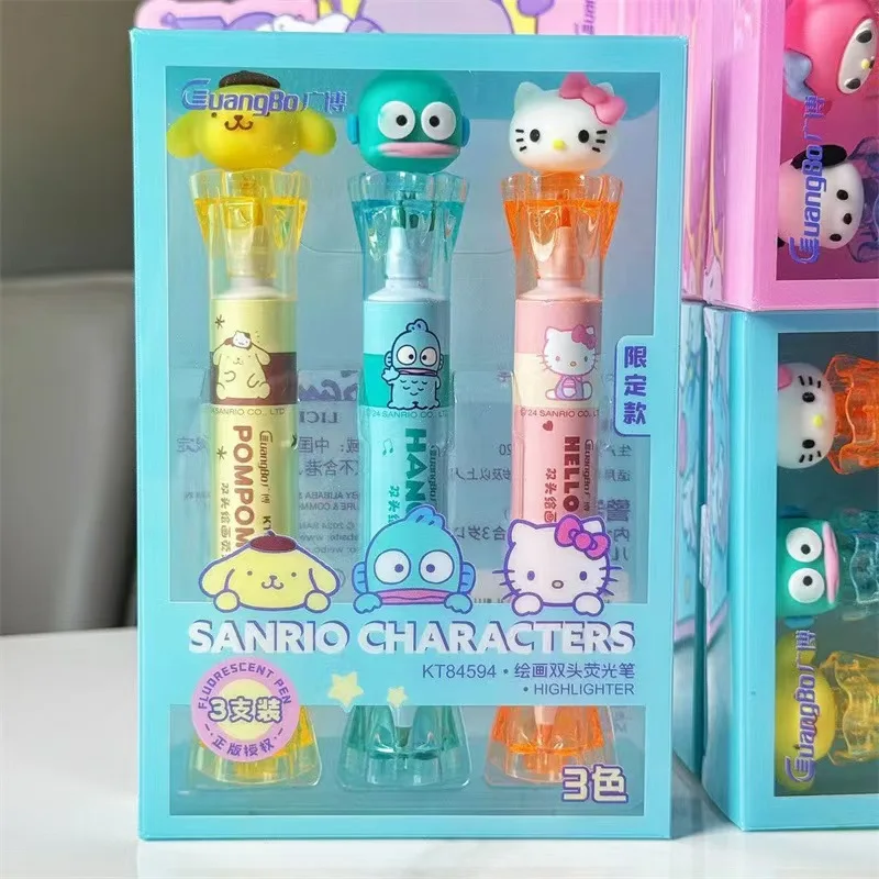 6pcs New Style Sanrio Hellokitty Draw Double-End Highlighter Cute Cartoon Marker Pen Wholesale Of Student Supplies And Gifts