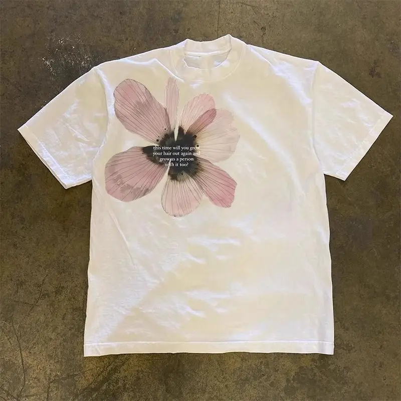 

Flower Printed Short Sleeved T-shirt Women 2025 Summer Fashion Round Neck Slim Versatile Tops Casual Versatile Tees Ins