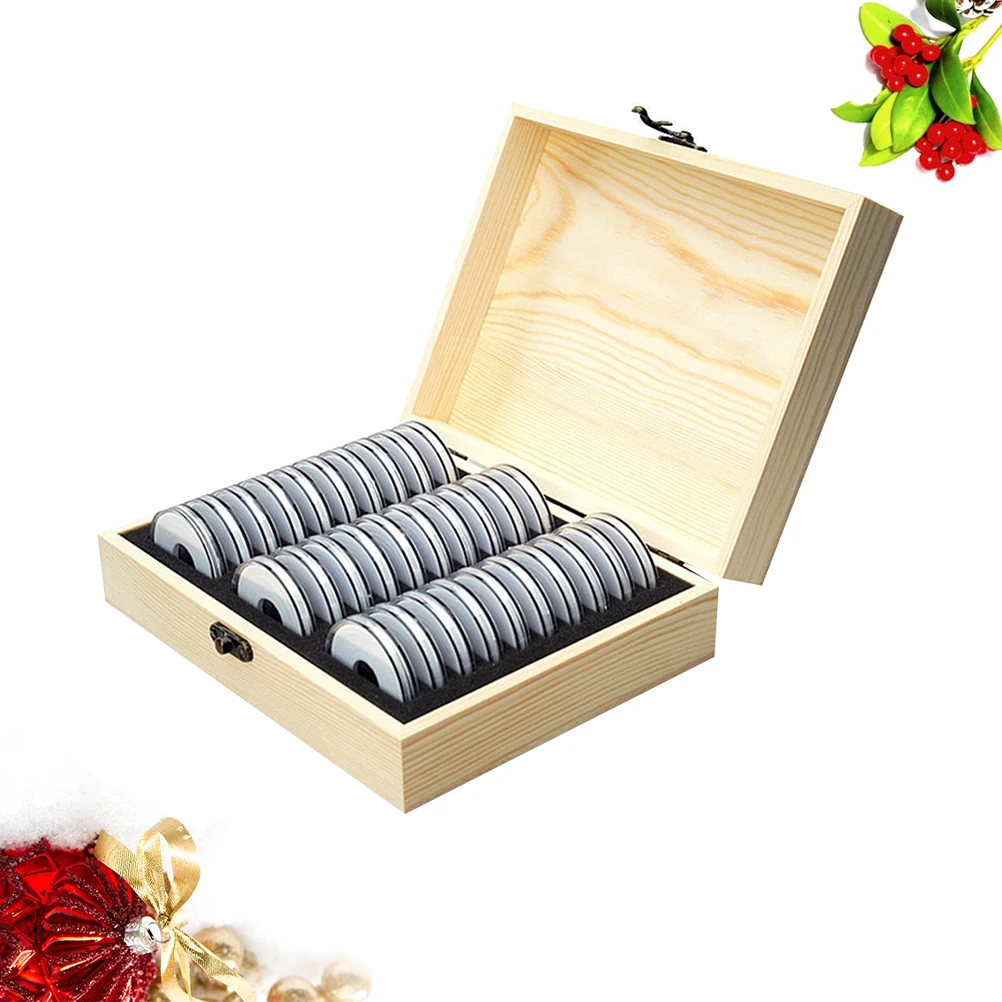 30 Slots Commemorative Coin Box Delicate Wooden Protective Box Coin Collection Case for 17/22/27/32/37mm Coin