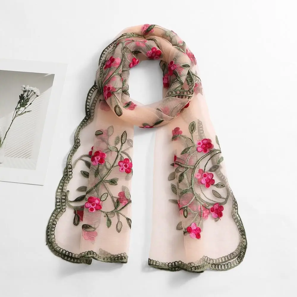 

Fashion Embroidered Flower Women's Scarf Shawl Breathable Dustproof Beach Headband Long Scarf Daily Versatile Accessory