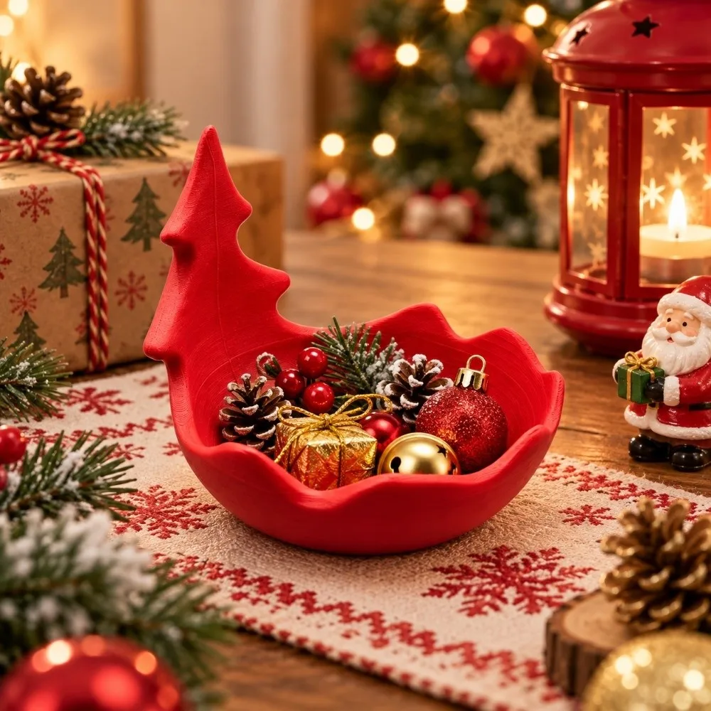 3D Printed Christmas Tree Tray Vibrant Green Bright Red Jewelry Storage Bowl Lightweight Structure Unique Shape