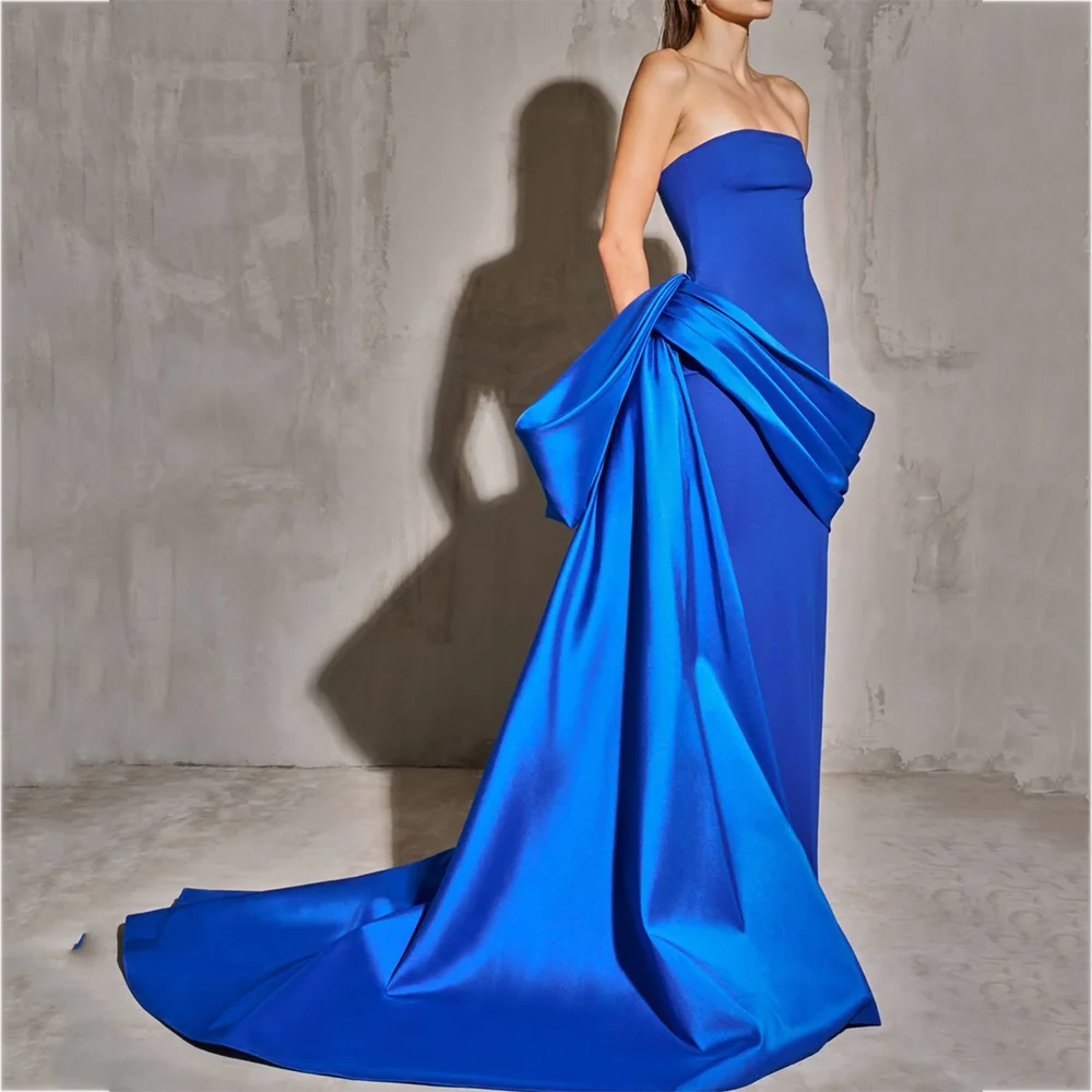 

Модные синие платья для выпускного вечера Элегантное платье русалки без бретелек без рукавов со складками и скользящим шлейфом Вечернее платье для особых случаев