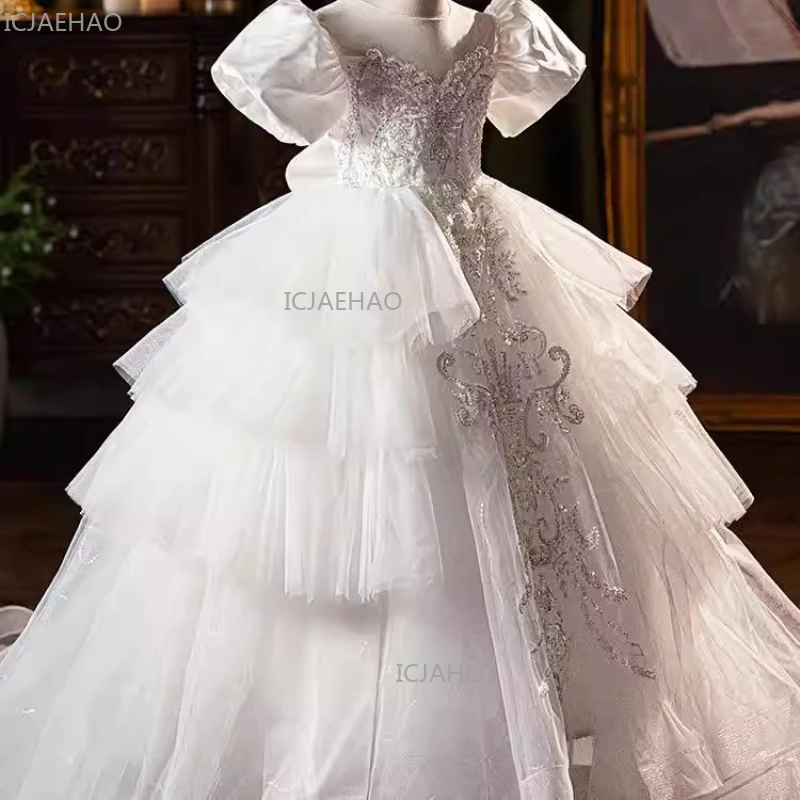 White Girls Princess Dress for with Train Puffy Tulle Birthday Party Gown Children Pageant Host Performance Flower Girl Wedding