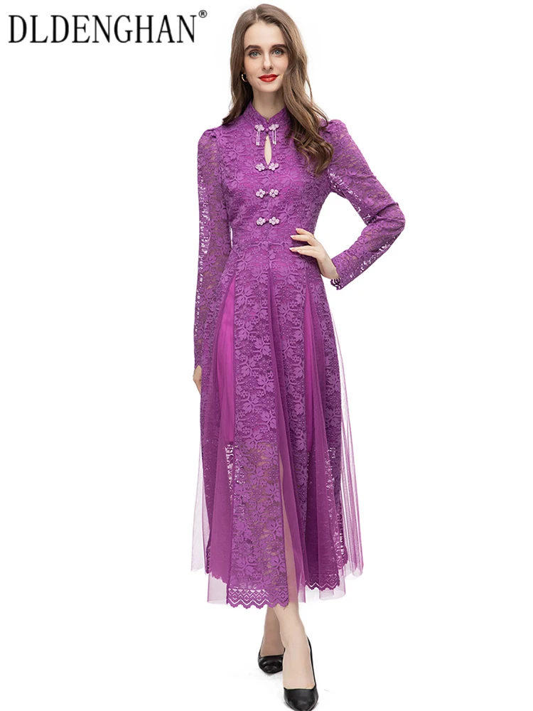 

DLDENGHAN Fashion Early Autumn Lace Long Dress Women Stand Collar Crystal Beading Button Mesh Patchwork Vintage Party Dresses
