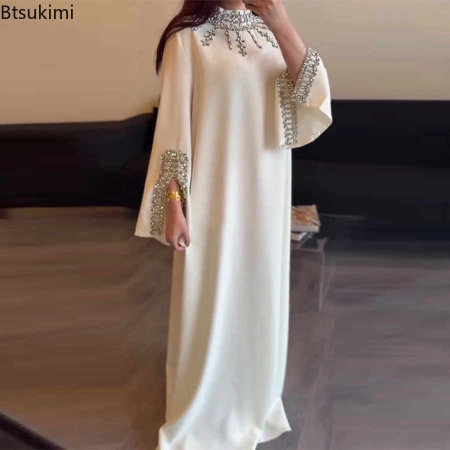 

2026 Elegant Women Clothing High Collar Long Evening Dresses Formal Occasion Prom Gowns Luxury Diamonds Party Robe Muslim Dress