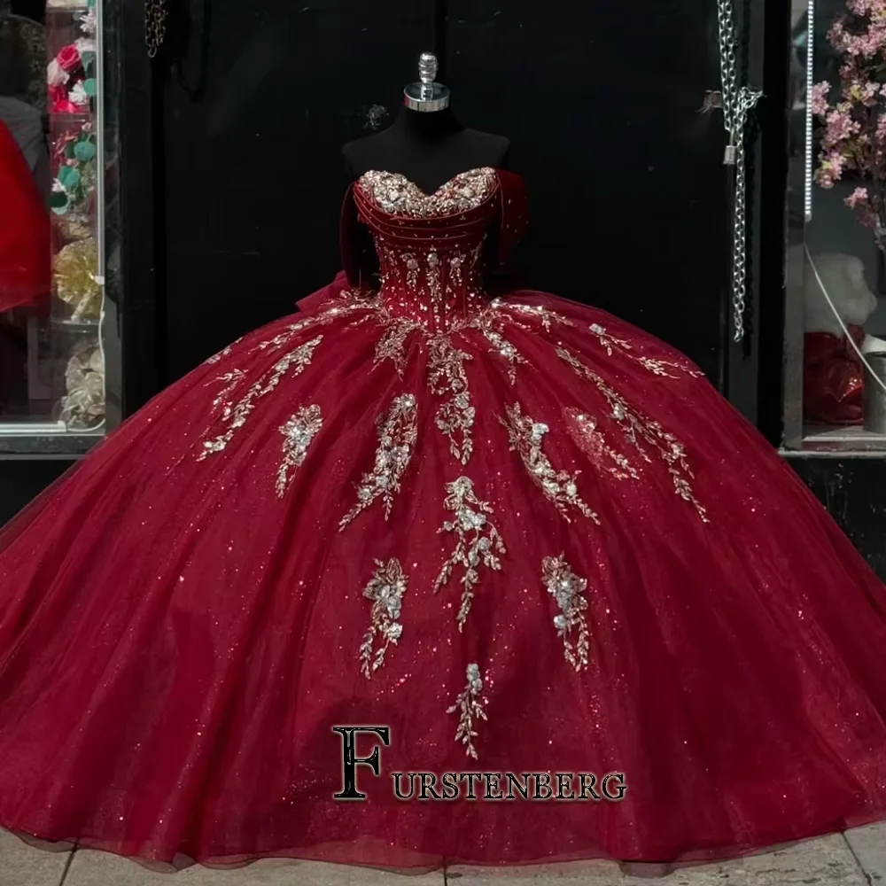 FURSTENBERG Fancy15 سنة فساتين Quinceanera مزينة بفيونكة مكشوفة الكتف فستان حفلة رداء Quinceanera Rouge مخصص #1